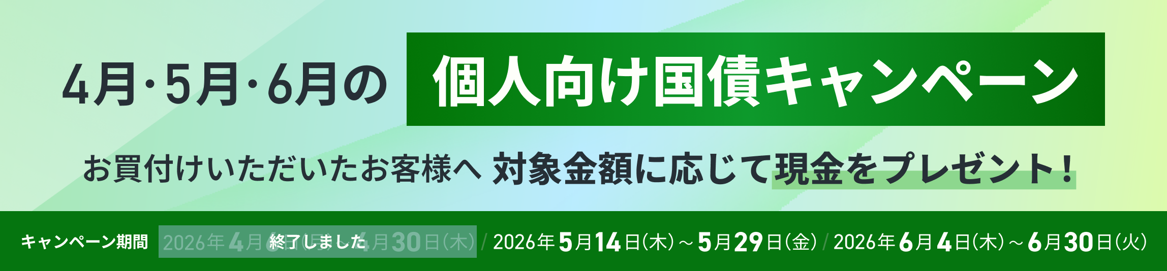 ＜4月・5月・6月の個人向け国債＞現金プレゼントキャンペーンを実施中